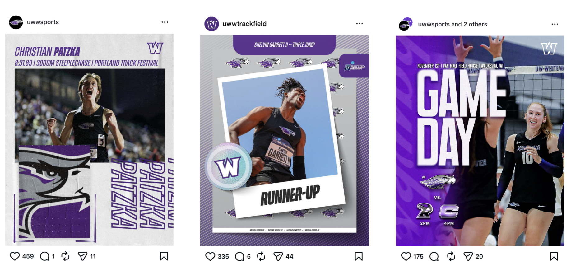 Three screenshots of UW-Whitewater Instagram posts.