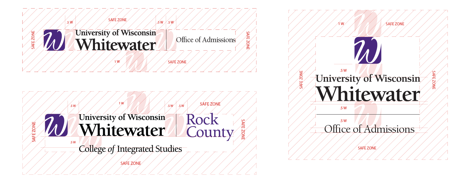 Three UW-Whitewater logos with red safe zone boxes marked around them.