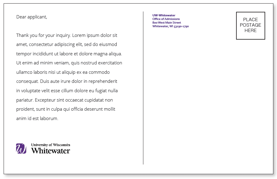 UW-Whitewater-branded postcard.