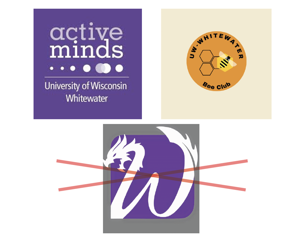 Two unqiue student organization logos and one that uses UW-Whitewater's W symbol with red x on top.