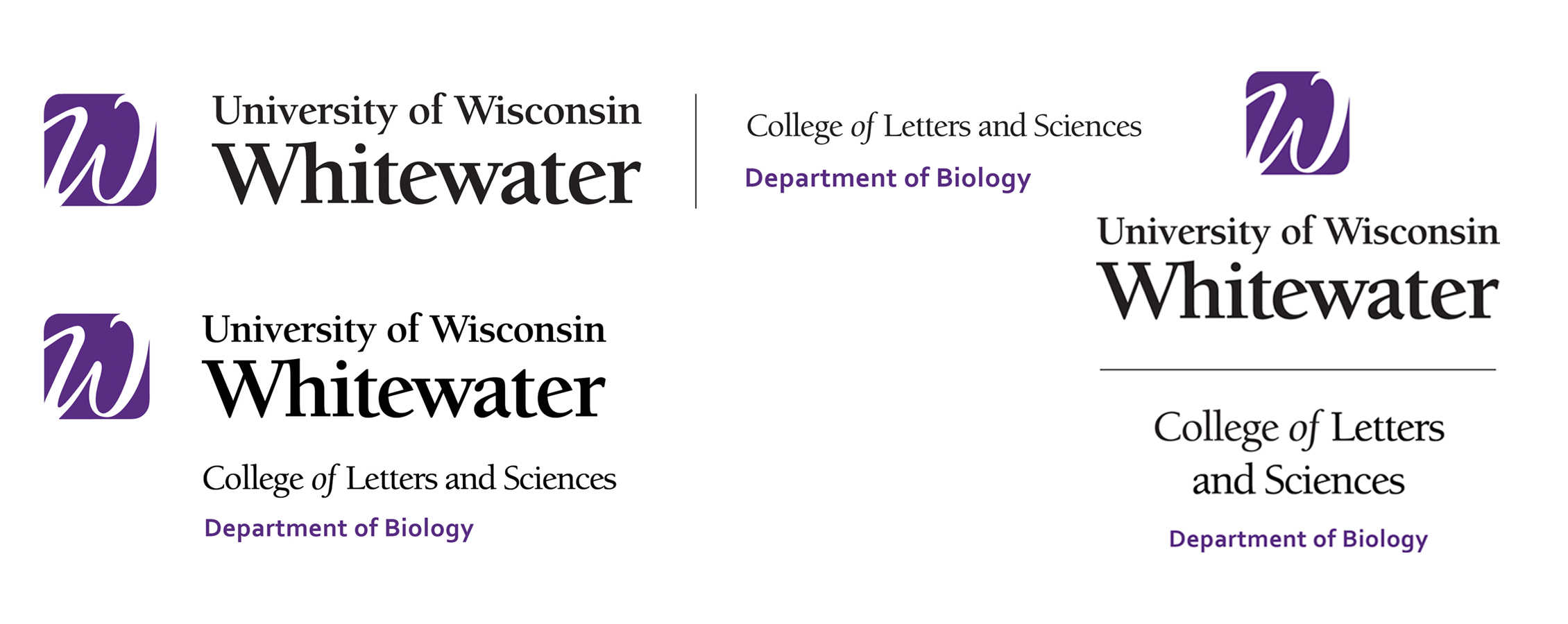 Three variations of the College of Letters and Sciences Department of Biology logo.