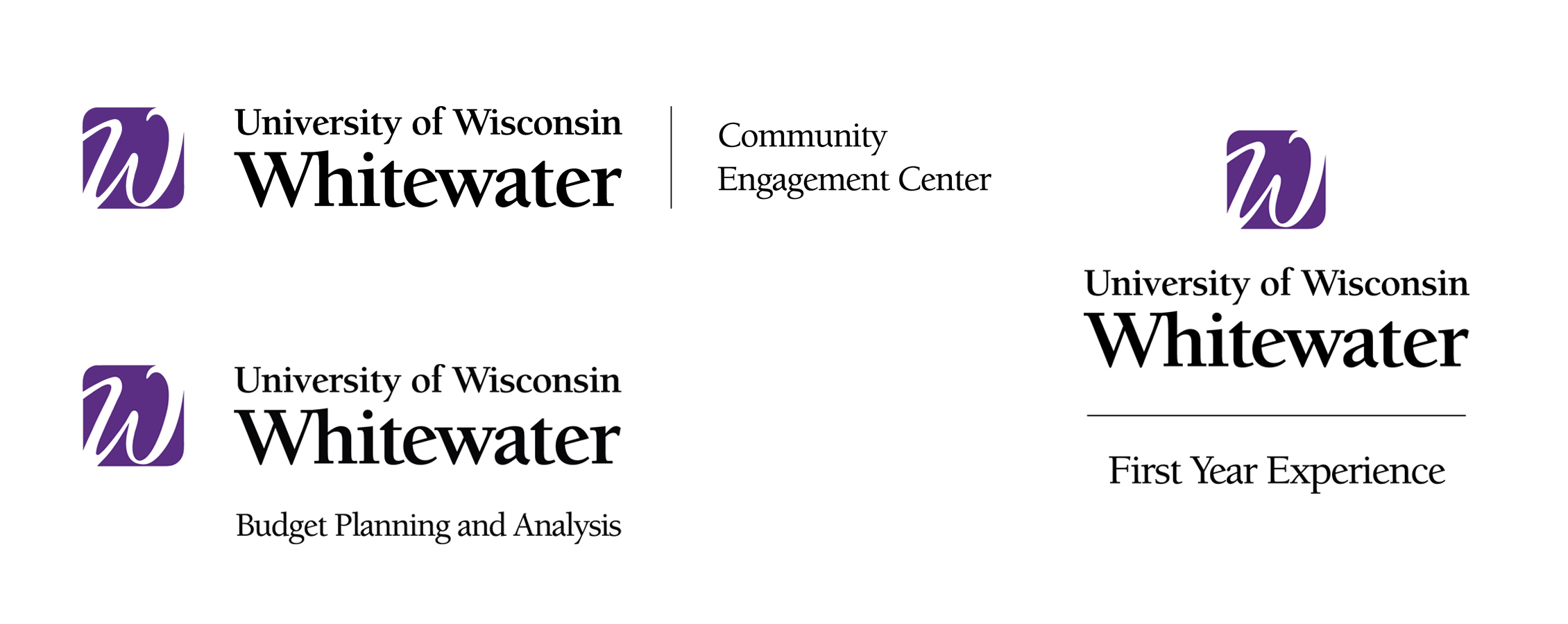 Three variations of the UW-Whitewater nonacademic department logo.