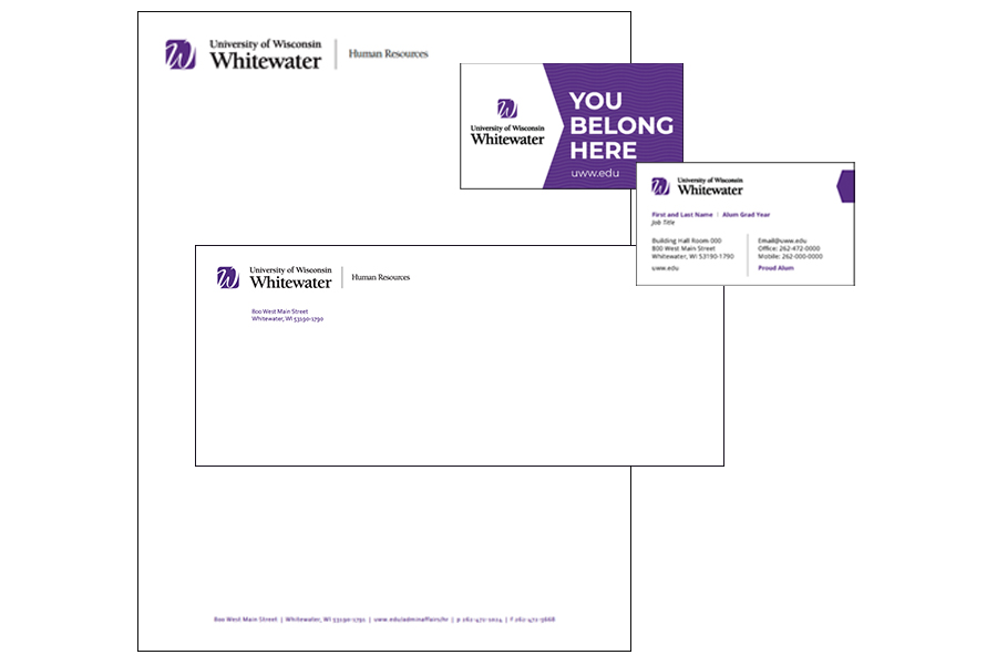 UW-Whitewater letterhead, business card, and envelope.