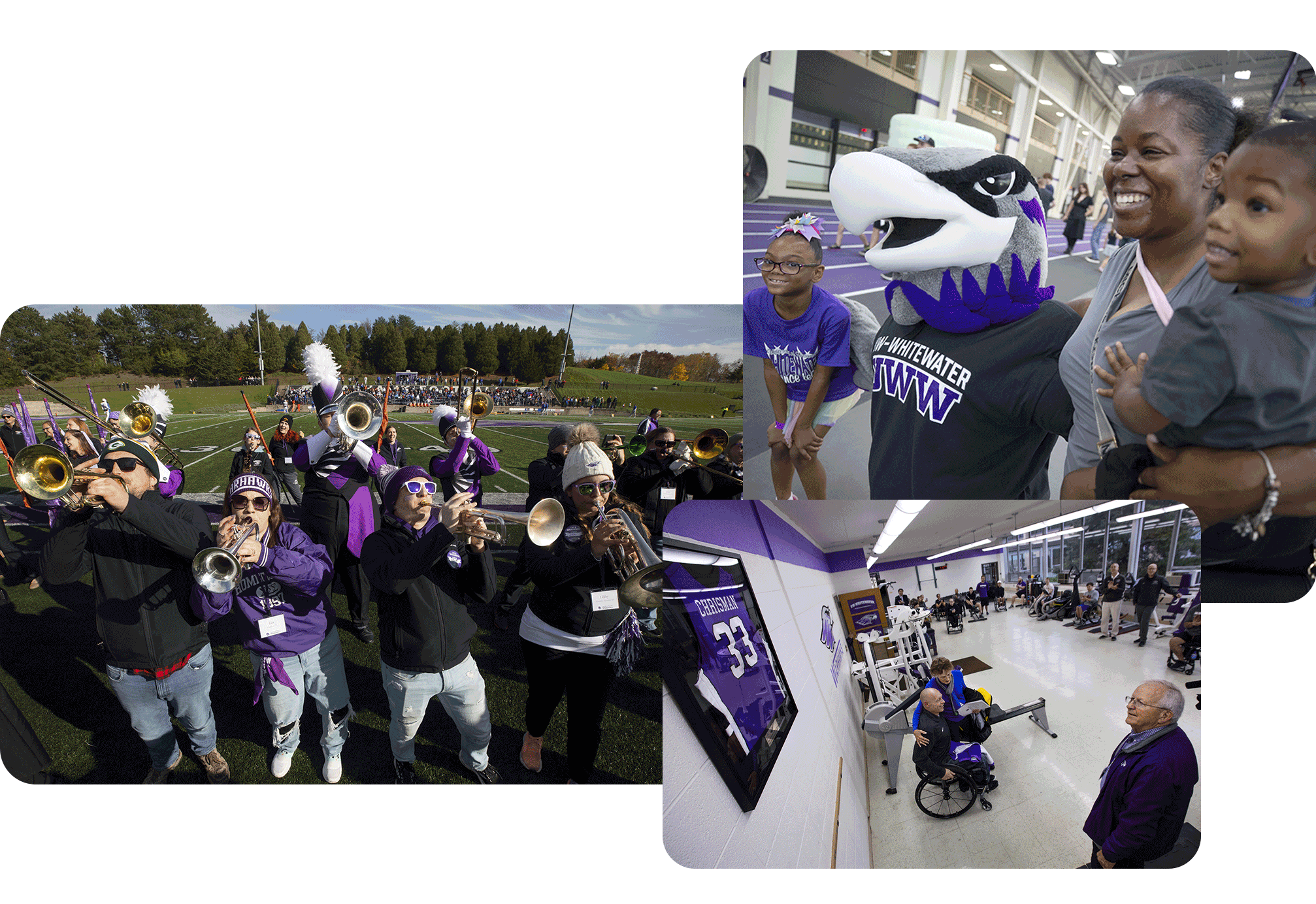 A collage of three images shows students playing instruments on the football field, Willie Warhawk posing with a family, and a donor looking at a jersey hanging on a wall.