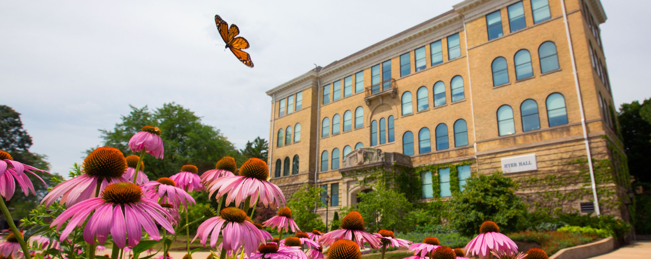 Exterior of Hyer Hall with a monarch flying in front of it.